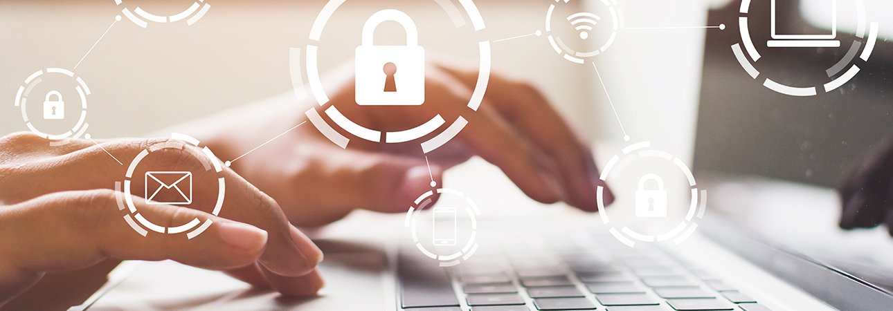 Graphic of hands on a keyboard overlaid with icons of locks, Wi-Fi, computers, emails